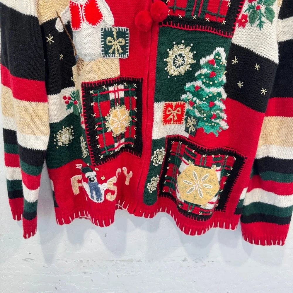 Shaver Lake Christmas Cardigan Sweater Womens Medium Patchwork Embroidered